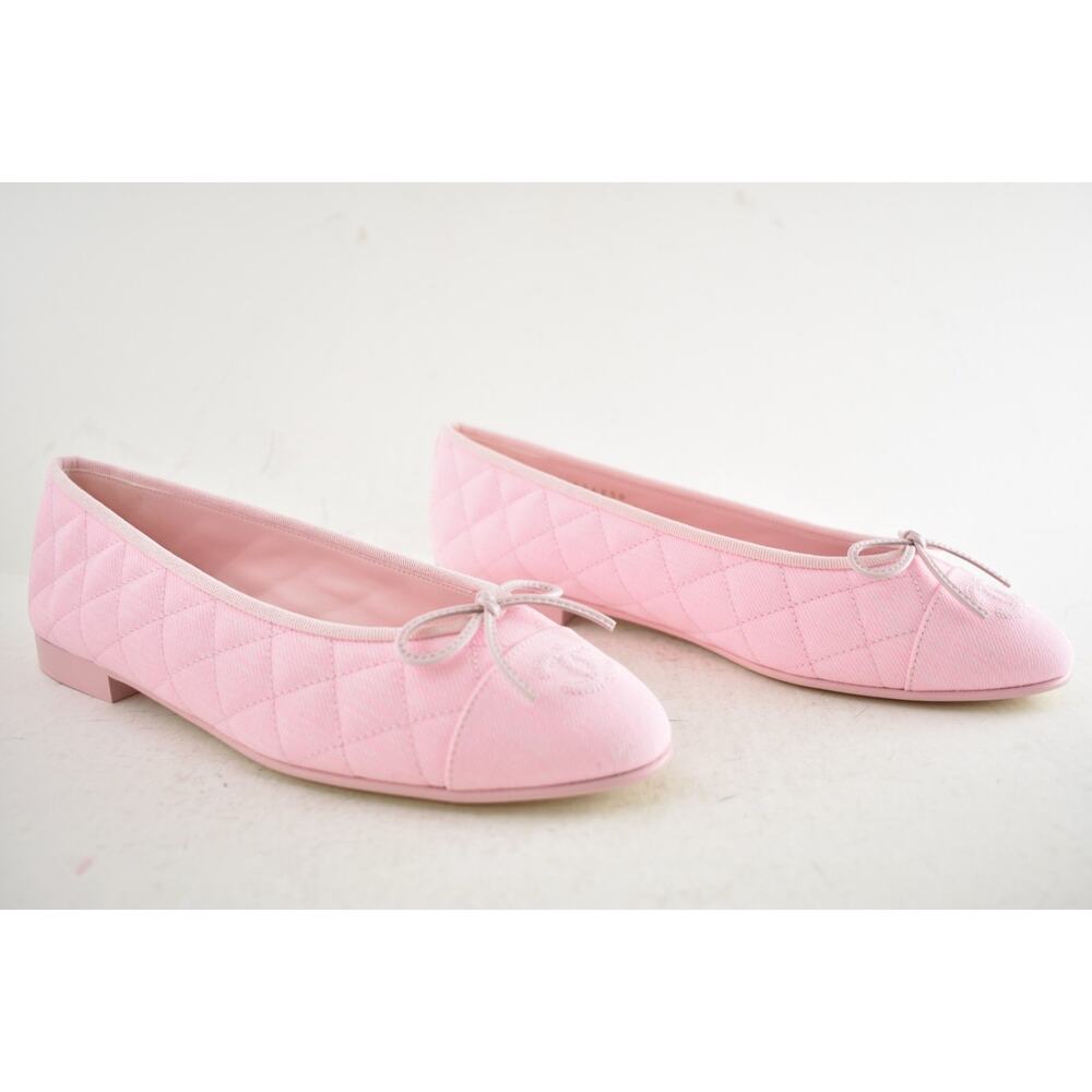 Chanel 26P Light Pink Denim Quilted CC Logo Bow Tie Ballet Ballerina Flat 38 - Picture 4 of 16